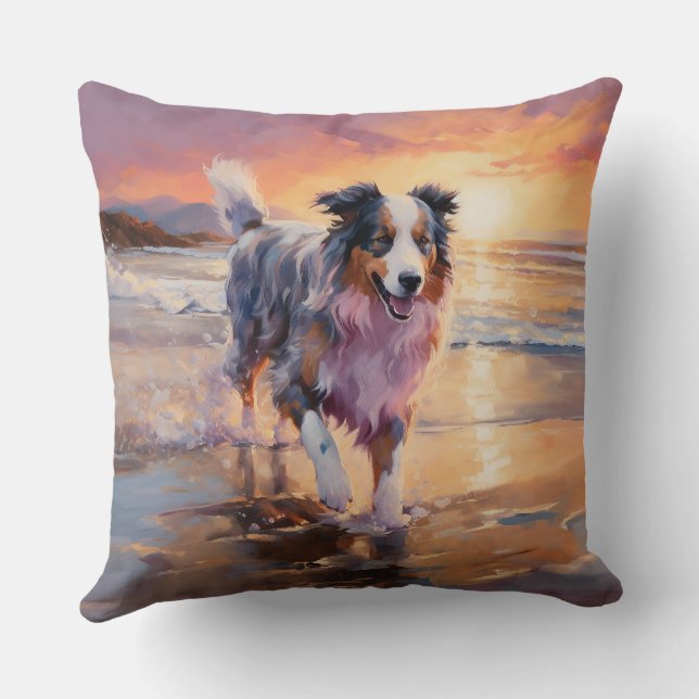 Sandy Australian Shepherd Dog on Beach Sunset  Throw Pillow (Back)