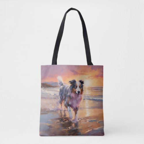 Sandy Australian Shepherd Dog on Beach Sunset  Tote Bag