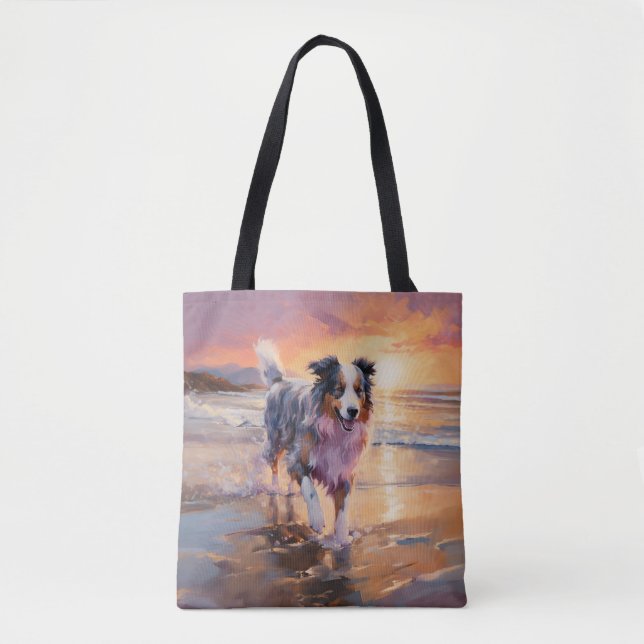 Sandy Australian Shepherd Dog on Beach Sunset  Tote Bag (Front)