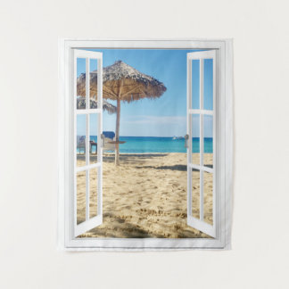 Sandy Beach And Ocean Window View Tapestry