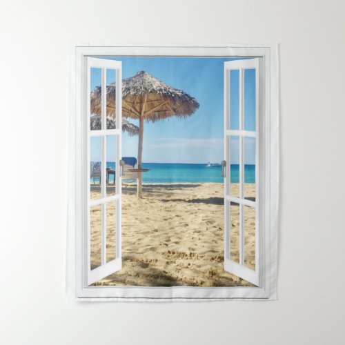 Sandy Beach And Ocean Window View Tapestry