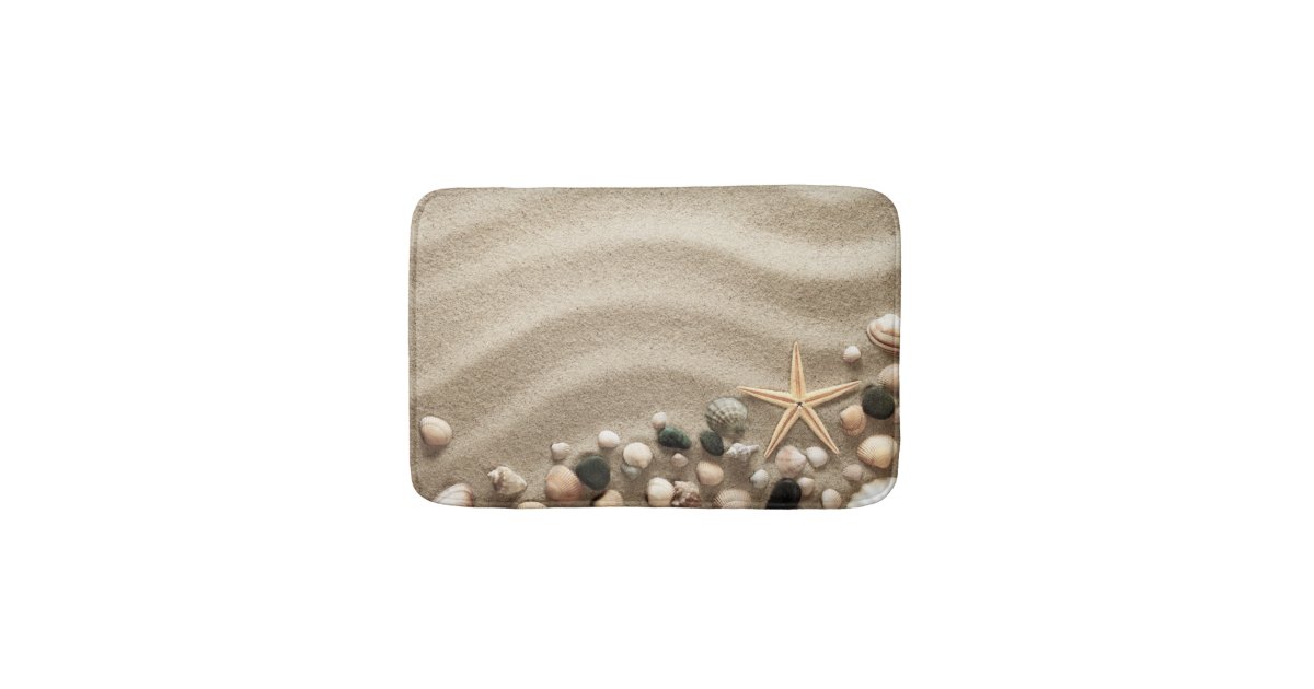 Sandy Beach Background With Shells And Starfish Bathroom Mat | Zazzle