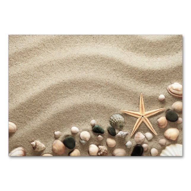 Sandy Beach Background With Shells And Starfish Table Number (Front)
