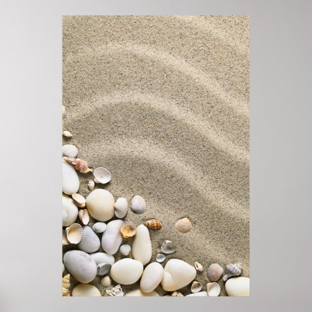 Sandy Beach Background With Shells And Stones Poster (Front)