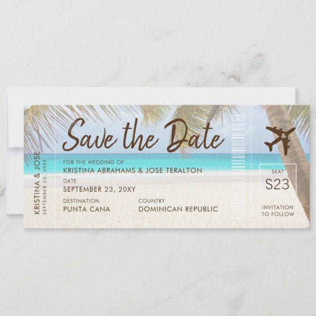 Sandy Beach Boarding Pass Ticket Save Date Card (Front)