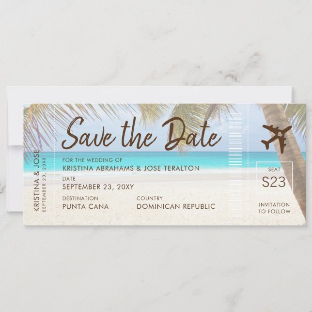 Sandy Beach Boarding Pass Ticket Save Date Card (Front)