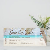 Sandy Beach Boarding Pass Ticket Save Date Card (Standing Front)