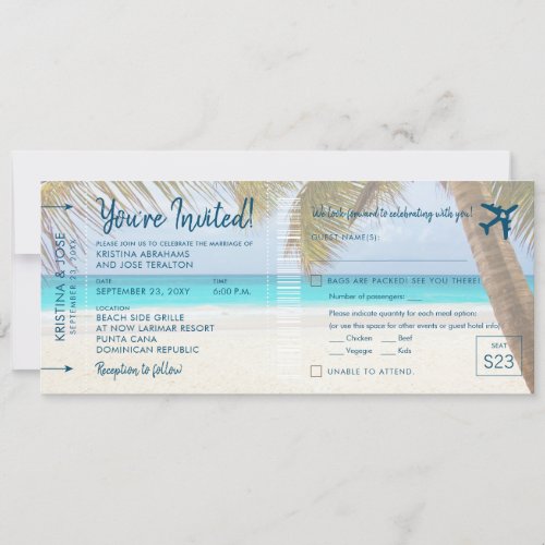 Sandy Beach Boarding Pass Wedding Invite with RSVP