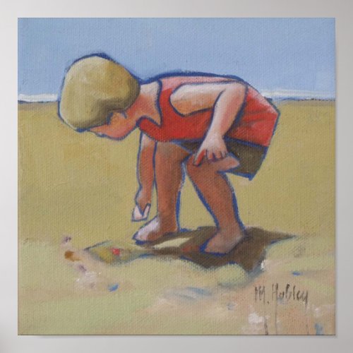 Sandy beach boy shell seeking poster