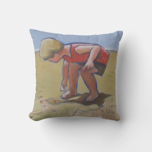 Sandy beach boy shell seeking throw pillow