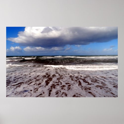 Sandy beach clouds in the blue sky painting poster