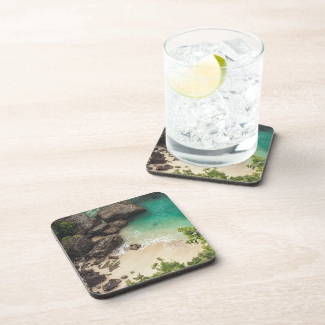 Sandy Beach Cove with Green Trees, Rocks & Ocean Beverage Coaster (Right Side)