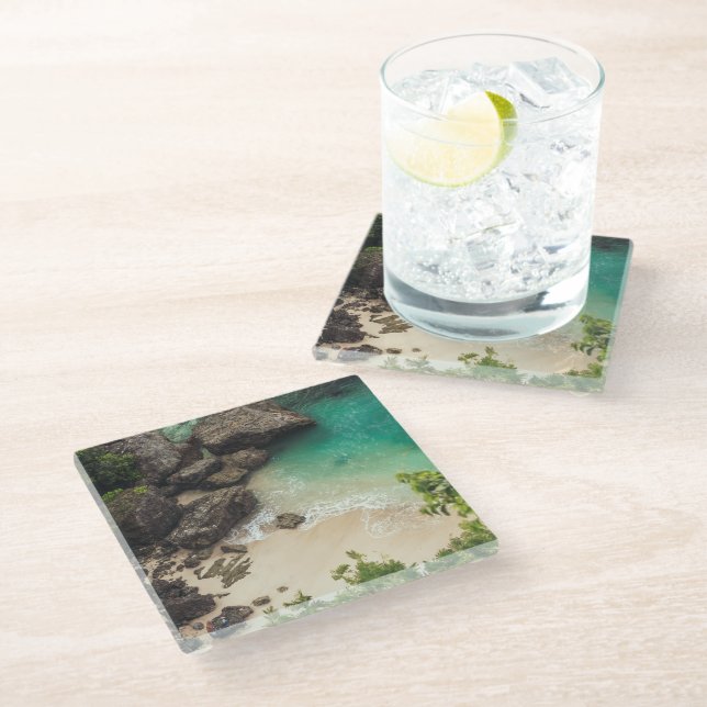 Sandy Beach Cove with Green Trees, Rocks & Ocean Glass Coaster (Angled)