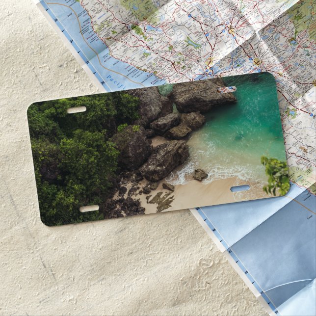 Sandy Beach Cove with Green Trees, Rocks & Ocean License Plate (In Situ)