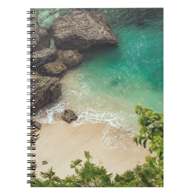 Sandy Beach Cove with Green Trees, Rocks & Ocean Notebook (Front)