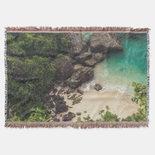 Sandy Beach Cove with Green Trees, Rocks & Ocean Throw Blanket (Front)