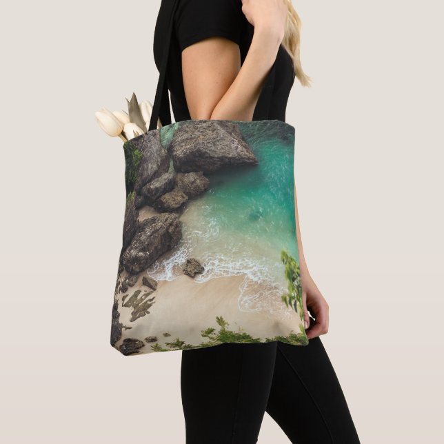 Sandy Beach Cove with Green Trees, Rocks & Ocean Tote Bag (Close Up)