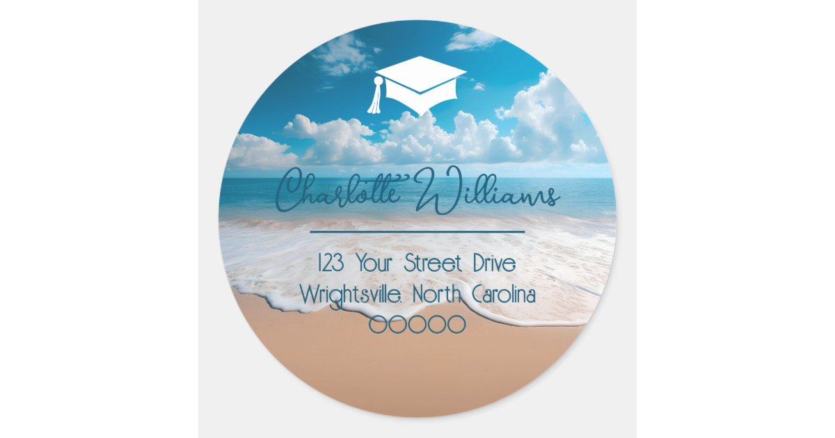 Sandy Beach Grad Cap Graduation Return Address Classic Round Sticker ...