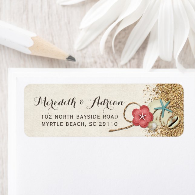 Sandy Beach Hibiscus & Shells Wedding Address Label (Insitu)