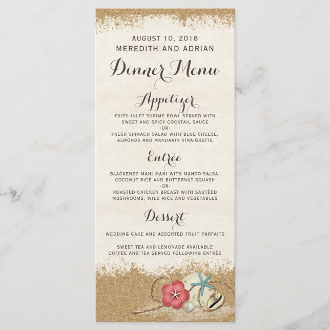 Sandy Beach Hibiscus & Shells Wedding Dinner Menu (Front)