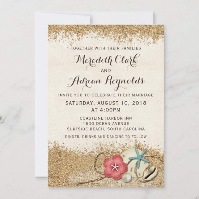 Sandy Beach Hibiscus & Shells Wedding Invitation (Front)