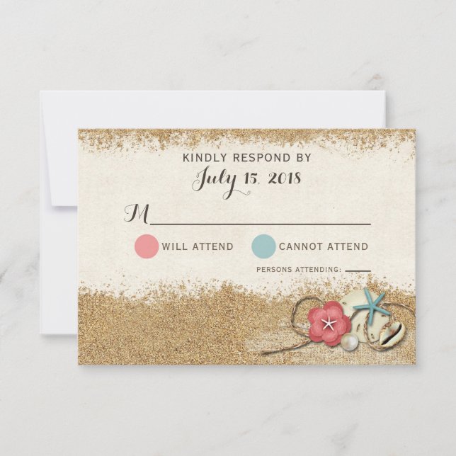 Sandy Beach Hibiscus & Shells Wedding Invite RSVP (Front)