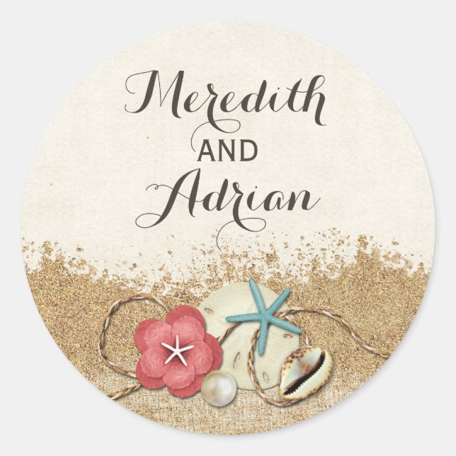 Sandy Beach Hibiscus & Shells Wedding Personalized Classic Round Sticker (Front)