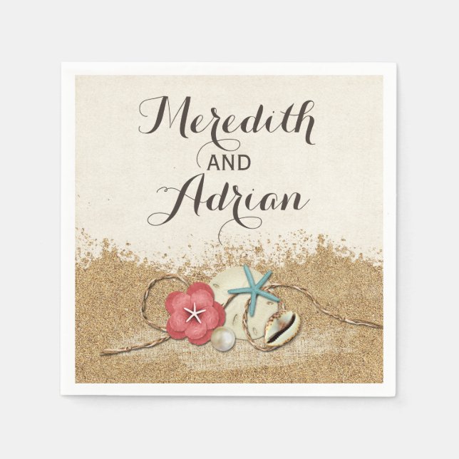 Sandy Beach Hibiscus & Shells Wedding Personalized Napkins (Front)