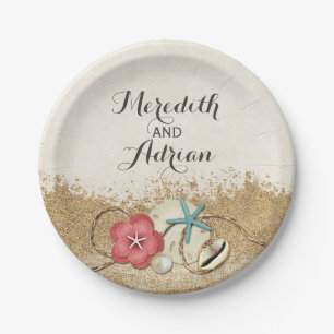 Sandy Beach Hibiscus & Shells Wedding Personalized Paper Plates