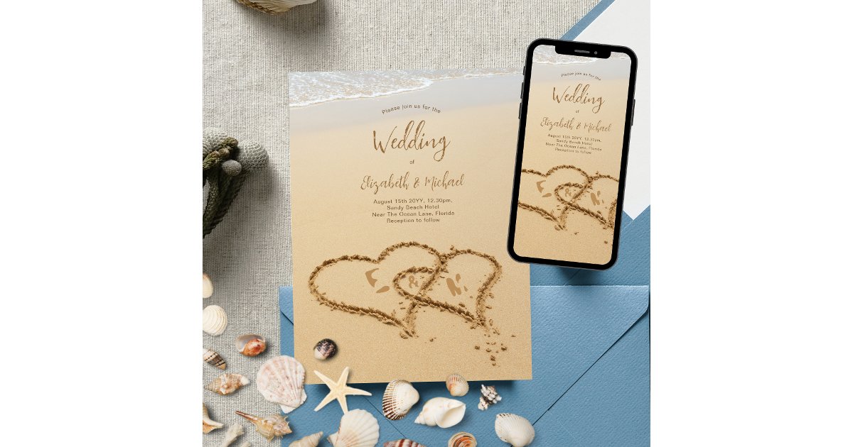 Sandy Beach Initials in the Sand Photo Wedding Invitation | Zazzle