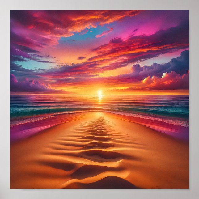 Sandy Beach Leading to a Vibrant Sunset Poster (Front)