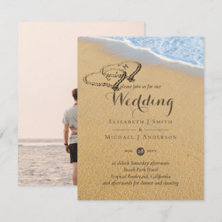 Sandy Beach Names in Sand Hearts Ocean Wedding  Invitation