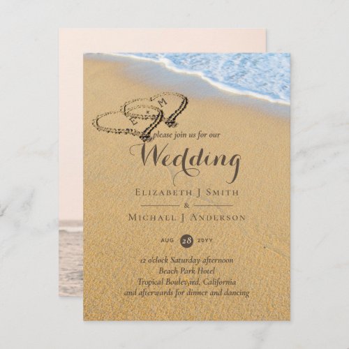 Sandy Beach Names in Sand Hearts Ocean Wedding  Invitation