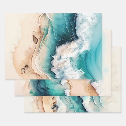 Sandy beach ocean blue waves watercolor chic wrapping paper sheets