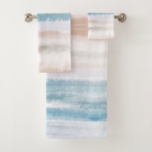 Sandy Beach Ocean Waves Abstract Watercolor Bath Towel Set
