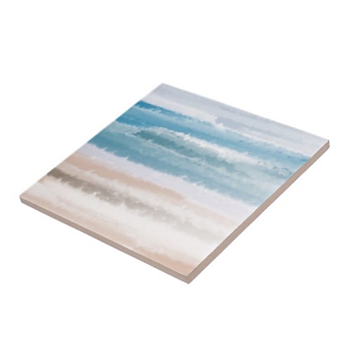 Sandy Beach Ocean Waves Abstract Watercolor Ceramic Tile