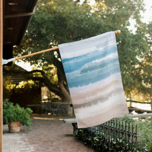 Sandy Beach Ocean Waves Abstract Watercolor  House Flag