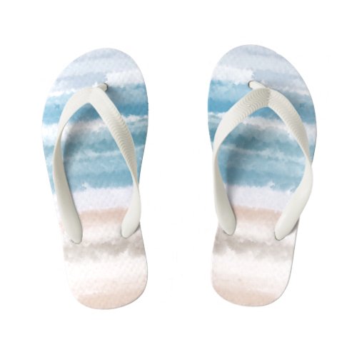 Sandy Beach Ocean Waves Abstract Watercolor Kids Flip Flops