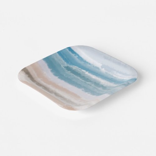 Sandy Beach Ocean Waves Abstract Watercolor Paper Plates