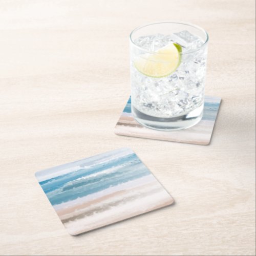 Sandy Beach Ocean Waves Abstract Watercolor  Square Paper Coaster