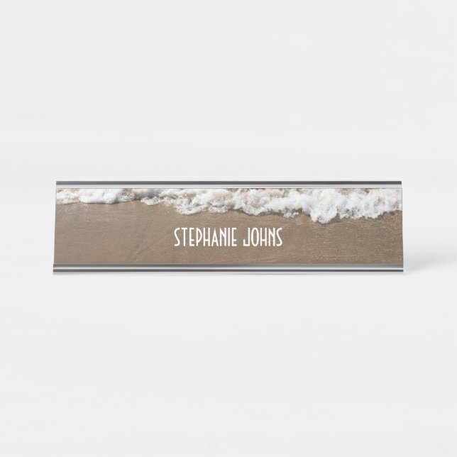 Sandy Beach Ocean Waves Monogram Custom Name Cool Desk Name Plate (Front)