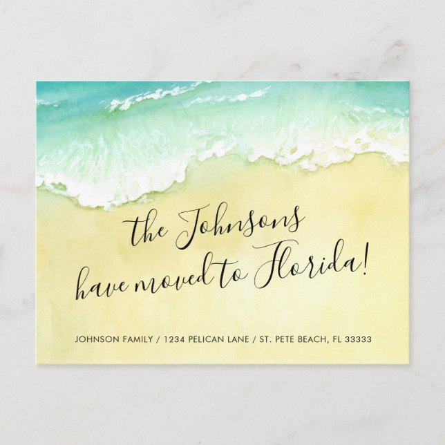 Sandy Beach Ocean Waves Moved to Florida Announcement Postcard (Front)