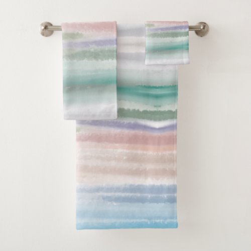 Sandy Beach Ocean Waves Sunset Abstract Watercolor Bath Towel Set