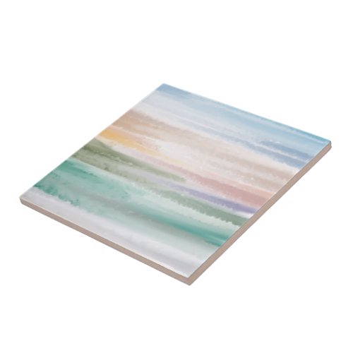 Sandy Beach Ocean Waves Sunset Abstract Watercolor Ceramic Tile