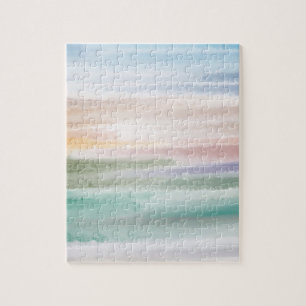 Sandy Beach Ocean Waves Sunset Abstract Watercolor Jigsaw Puzzle