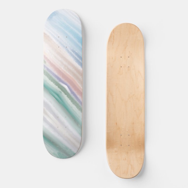 Sandy Beach Ocean Waves Sunset Abstract Watercolor Skateboard (Front)