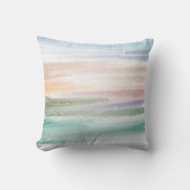 Sandy Beach Ocean Waves Sunset Abstract Watercolor Throw Pillow (Front)