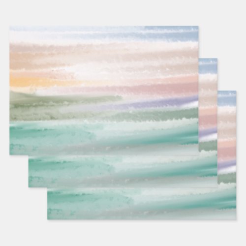 Sandy Beach Ocean Waves Sunset Abstract Watercolor Wrapping Paper Sheets