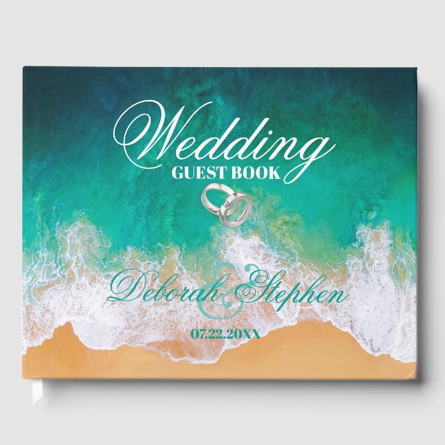 Sandy Beach Ocean Waves Wedding Guest Book (Front)