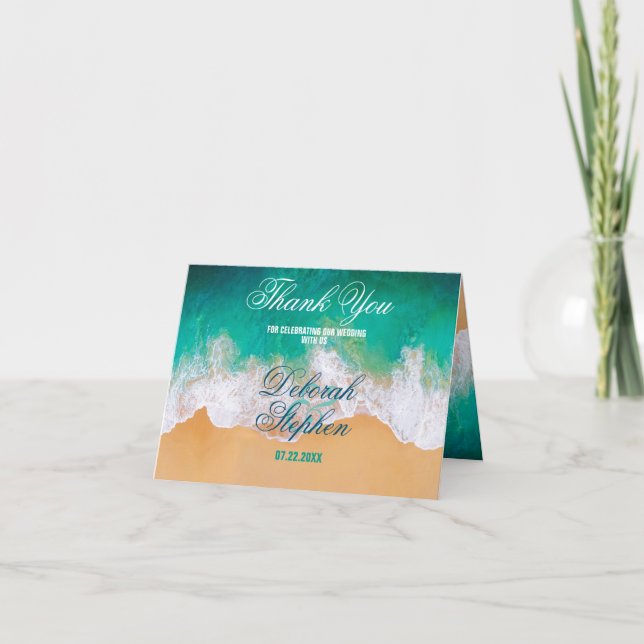 Sandy Beach Ocean Waves Wedding Thank You Card (Front)